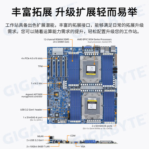 技嘉AMD EPYC双路霄龙4代9754/9654/工作站 /科学CFD仿真计算服务器/塔式主机 双路霄龙9754 2.25G 256核512线程 256G内存/2T固态/集显