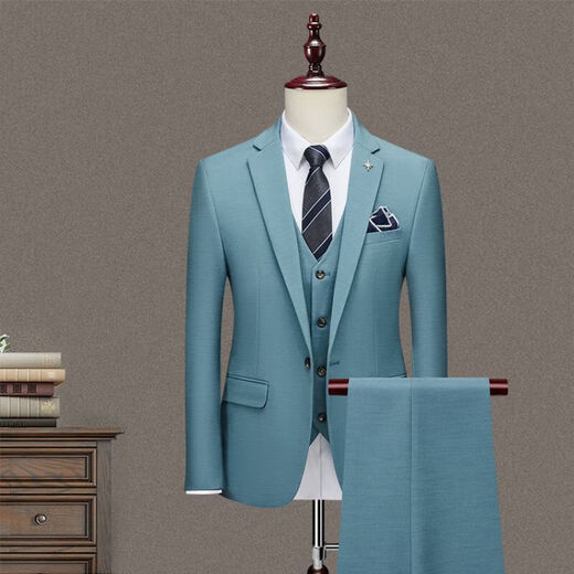 BIEMLFDLKK BG Biyinlefen same style three-piece men's suit suit business professional formal small suit Korean version slim fit denim blue S