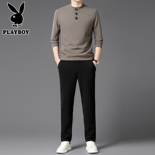 Playboy (PLAYBOY) brand men's Henry collar sweater spring thin inner base suit sweater with wool cashmere long-sleeved T light rice coffee M recommended 120Jin Jin is equal to less than 0.5 kg
