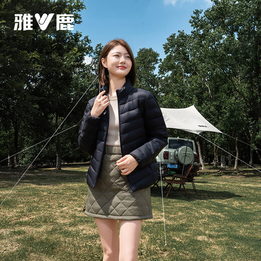 Yalu Down Jacket Women's Lightweight Autumn Down Stand Collar Simple Solid Color Slim Fit Warm Short Jacket Black 175