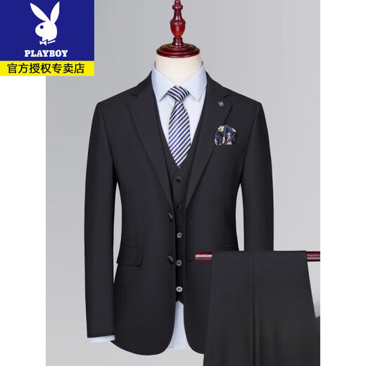 Playboy black wool suit suit for men, Korean style slim fit business formal suit, groomsmen and groom, wedding dress for men, 6823 black suit + trousers + vest + gift bag L 175