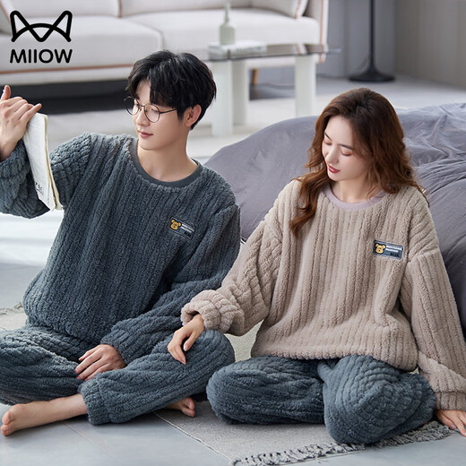 Cat Man (MiiOW) Cartoon Flannel Couple Pajamas Women's Plus Velvet Thickened Suit Men's Loose Large Size Warm Coral Fleece Home Clothing H7786 Couple M Women