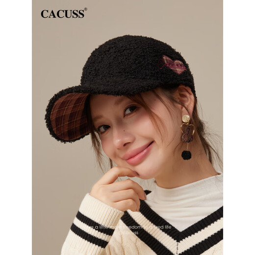 CACUSS Teddy Velvet Baseball Hat Women's Winter Fashion Antique Warm and Cold-proof Plaid Face Revealing Small Versatile Peaked Cap Black_ Sweet and Cool Antique Style Adjustable (57-59cm)