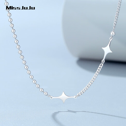 Miss JuJu new pt950 platinum necklace for women platinum bead star side chain AB chain design weight 10.5-10.7g length 42+3cm thick about 2.4mm
