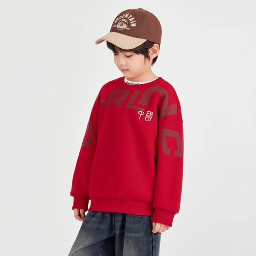Many boys' national trend plus velvet red sweatshirt New Year's clothing autumn and winter casual sports tops for older children