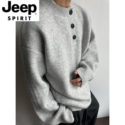 JEEP SPIRIT Light Gray Henley Collar Plush Sweater Men's Winter Lazy Style High-Level Knitted Sweater American Retro Wool Sweater Light Gray Upgraded 90% Buyers Choose M