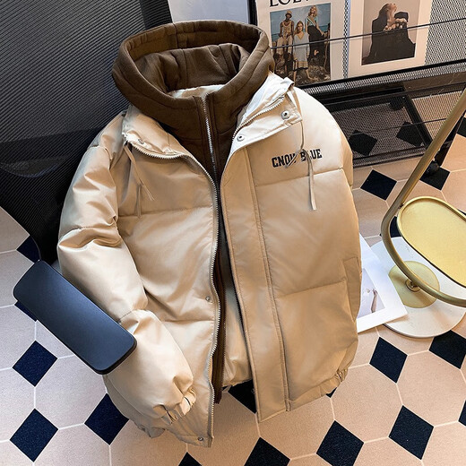 American letter cotton coat men's high street oversize trendy brand loose fake two-piece cotton jacket winter hooded cotton coat brown high quality S recommended 75-95Jin Jin equals 0.5 kg