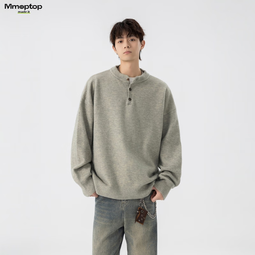 MMOPTOP Retro Henry Collar Sweater Men's Autumn and Winter Warm Loose Casual All-match Knitted Sweater MY109 Light Gray XL