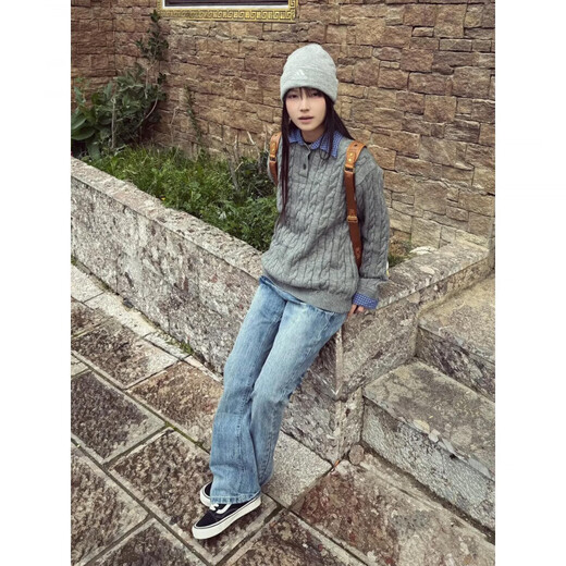 Wu Yinan cra American fake two-piece Henry collar sweater men's autumn retro cable knit sweater cleanfit couple coat black upgraded version black upgraded version M