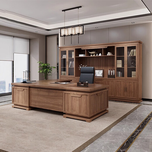 Solid wood boss desk, new Chinese style office desk, background cabinet, high-end president chairman's office, Xiangyun atmosphere desk, customization\color plate, contact customer service