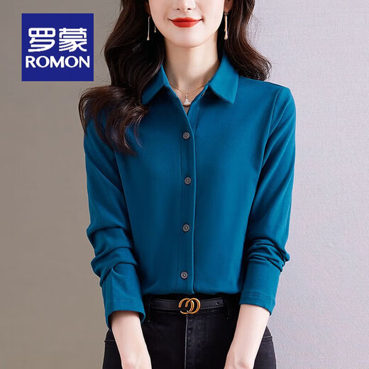 ROMON's new autumn and winter solid color double-sided German velvet long-sleeved shirt for women, versatile brushed plus velvet warm base cardigan shirt, blue gray M 85-100Jin Jin equals 0.5 kg
