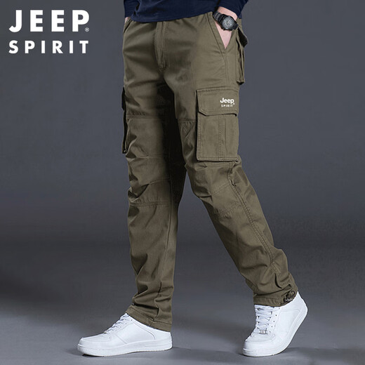 JEEP SPIRIT Jeep overalls men's autumn and winter straight casual pants men's loose multi-pocket men's pants military green L