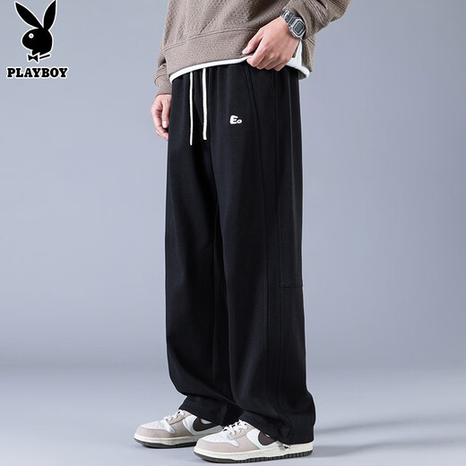 Playboy (PLAYBOY) pants men's casual pants men's autumn and winter high-end wide-leg loose straight sports scimitar sweatpants black 3XL