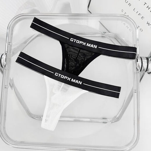 GTOPX MANGTOPXMAN 2-pack men's underwear thong single sexy low-waisted mesh thin ice silk solid color triangle black + white L