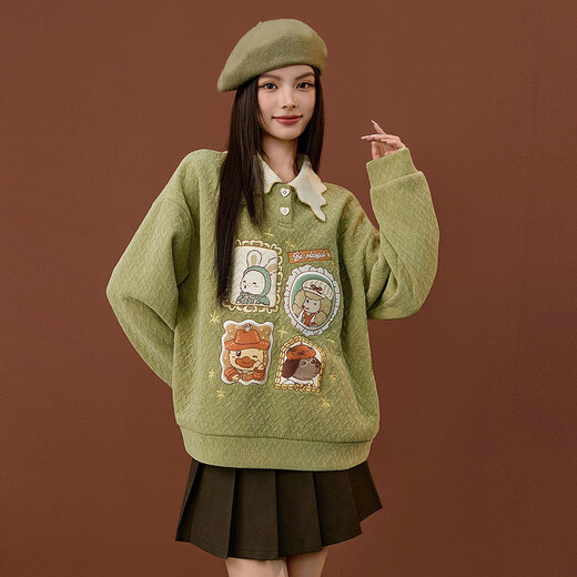 B.Duck小黄鸭加绒卫衣女2025冬季新款撞色针织翻领数码印宽松外套 果绿 XS