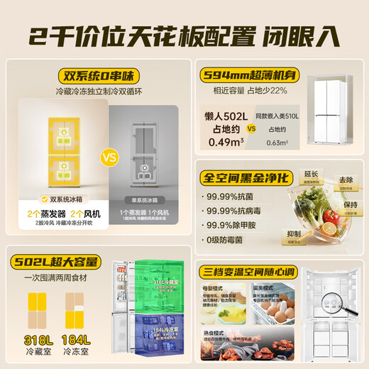 Leader Haier Refrigerator produces Lazy 510 series 502L cross-door refrigerator dual system large capacity first-class energy efficiency air-cooling LTD-510WDW9U1 15% replacement subsidy LTD-510WDW9U1 20% national subsidy