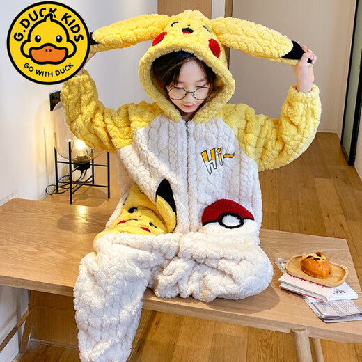 G.DUCKKIDS2024 Autumn and Winter Children's One-piece Pajamas Coral Velvet Hooded Cartoon Girls' Sleeping Bags for Big Children and Girls Home Clothes KYM One-piece Velvet-226 Egg Boy One Size 12