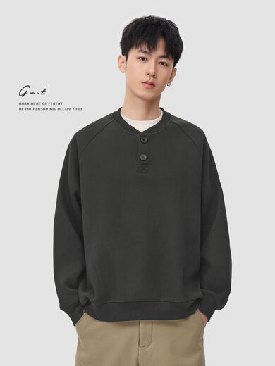 Pupan GWIT American retro Henry collar winter warm pullover plus velvet thickened relaxed feeling light mature style sweatshirt for men soft black BLACK M M