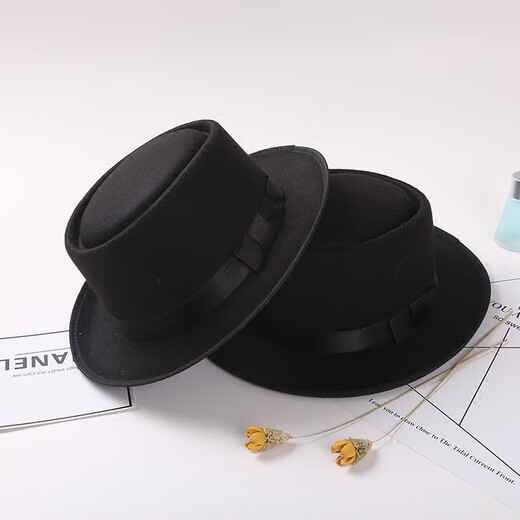 Woodpecker retro British Korean version autumn and winter bowler hat woolen flat top men's and women's British jazz hat casual hat black M (56-58cm)