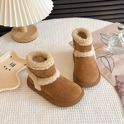 Genuine leather girls' cotton shoes, winter children's velvet shoes, warm snow boots, baby winter shoes, furry shoes, Birkenstock boots, khaki flagship version, upgraded quality 25, inner length 15.5cm