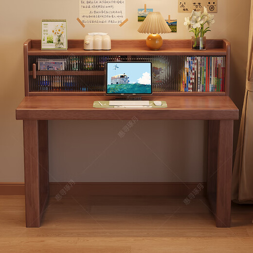 Huixun solid wood desk new thickened simple computer desk home with bookshelf writing desk bedroom student study writing desk walnut color #desk + bookshelf 120cm*60cm*75cm total height 109cm