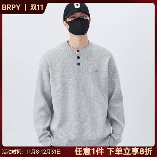 BRPY Sweater Men's Autumn and Winter 2025 New Loose Casual Versatile Color Henry Collar Bottoming Sweater Boys Trend Gray M 100-125Jin Jin is equal to 0.5 kg