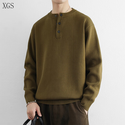 Gonggong sense button sweater men's autumn and winter new fashion men's American Henry collar sweater thickened warm wool sweater light mustard green M recommended 120Jin Jin equal to within 0.5 kg