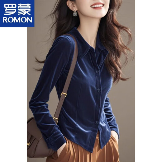 Lomon gold velvet bottoming shirt in autumn and winter, beautiful, high-end and temperamental top, super good-looking, unique and unique shirt, navy blue L 110-120Jin Jin is equal to 0.5 kg
