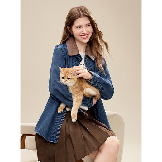 Betu Women's 2025 Winter New Shirt Color Block Collar High-Quality Comfortable Cotton Long-Sleeved Top Women 2511X02 Blue L