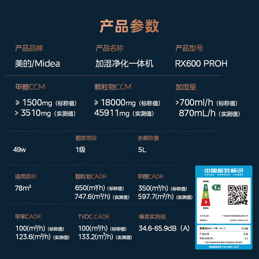 Midea Formaldehyde Remover PM2.5 Dual Digital Display Humidifier Air Purifier Smoke Odor Remover Allergen Remover Fresh Air Air Conditioning Companion Flagship Formaldehyde Digital Display KJ600G-RX600 PROH