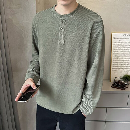 Henry collar long-sleeved T-shirt for men 2023 new spring and autumn style autumn clothes button solid color textured bottoming shirt sweatshirt for men Gray Apricot L Recommended 115-135Jin Jin is equal to 0.5 kg