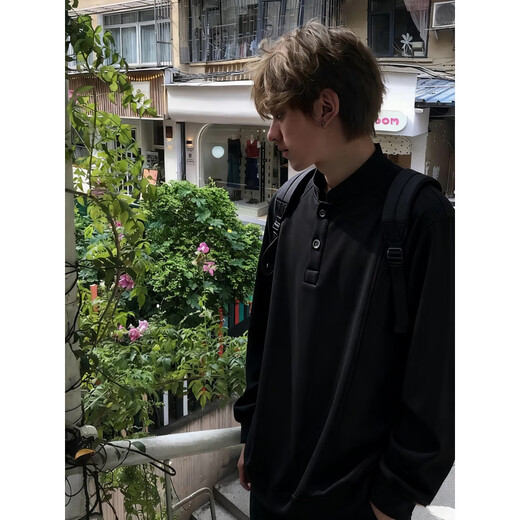 Maorong Warm Autumn Black American Henley Collar Sweatshirt Men's Autumn and Winter Heavy Duty Right Shoulder Long Sleeve Polo Shirt with Bottoming Shirt Black Upgraded M