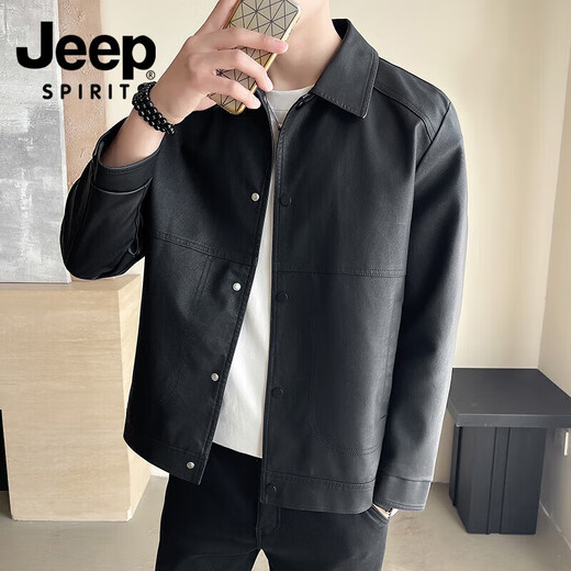 JEEP SPIRIT Jeep Jacket Outdoor Windproof Leather Jacket Jacket Comfortable and Warm Trendy Business Casual Spring and Autumn Mid-aged Black L