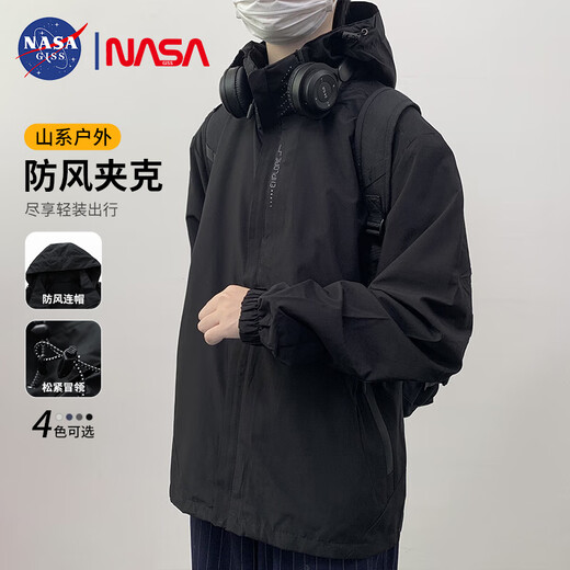 NASA GISS Official Fashion Brand Autumn and Winter Jacket Men's Three-Proof Mountaineering Outdoor Fishing Jacket Hooded Jacket Men Black XL