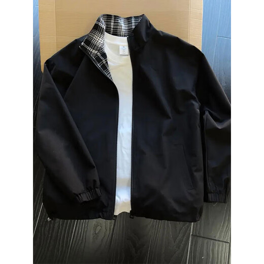 Qumile black cleanfit plaid splicing jacket men's autumn and winter American lapel baseball uniform trendy brand high-end jacket black XL recommended 120-140Jin Jin equals 0.5 kg