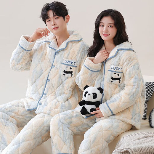 Victoria's style quilted couple's pajamas winter three-layer thickened warm coral velvet cotton home clothes for men and cute cotton jackets for women 7893 M Women