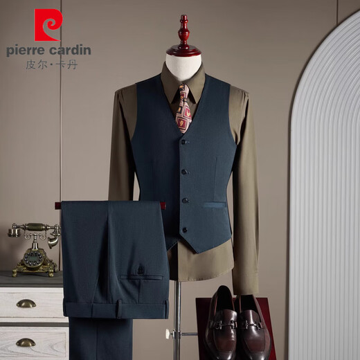 Pierre Cardin high-end men's wool suit suit engagement dress groom wedding business black suit professional formal three-piece suit double-breasted black (suit + vest + trousers) 3XL 56