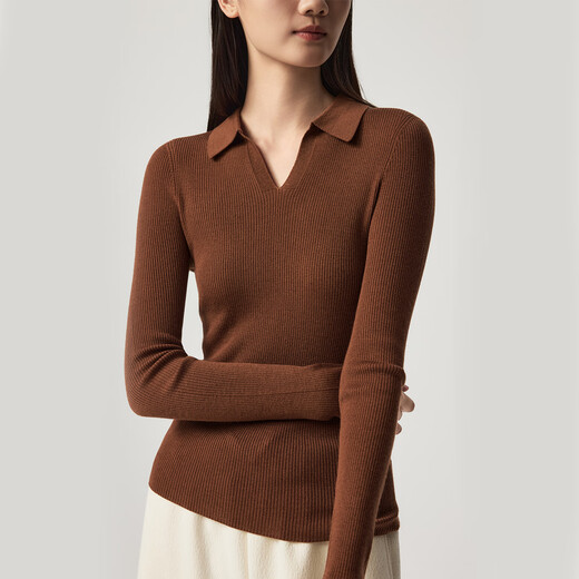 SNOW LOTUS bottoming shirt for women autumn and winter new style solid color V-neck pullover sweater for women simple versatile slim long-sleeved knitted chocolate color U530 L 110
