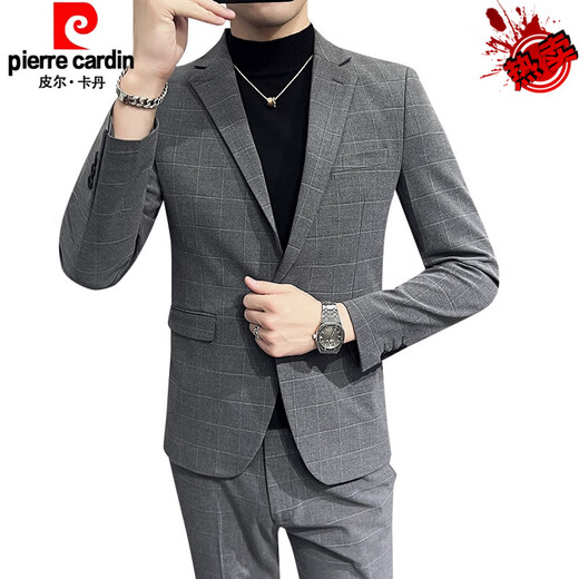 Pierre Cardin Men's Easy Care Suit Men's 2025 Autumn and Winter New Single Button Plaid Suit Men's Business Slim Suit Gray M 48