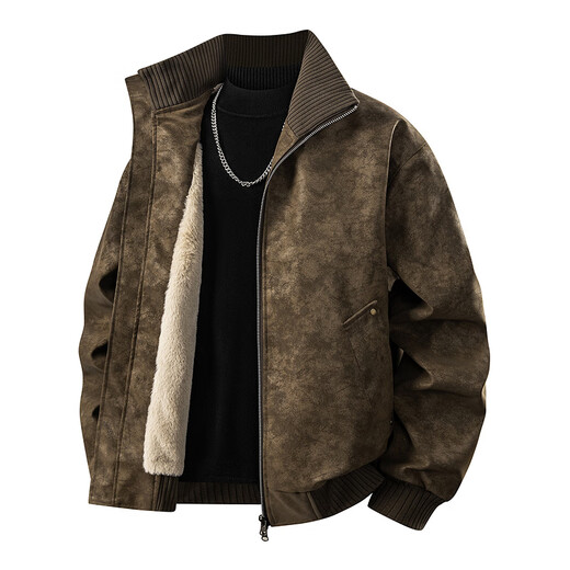 JEEP SPIRIT吉普秋冬加绒加厚保暖老钱风PU皮衣男亮面PU皮夹克男立领机车皮 黑色加绒 XL