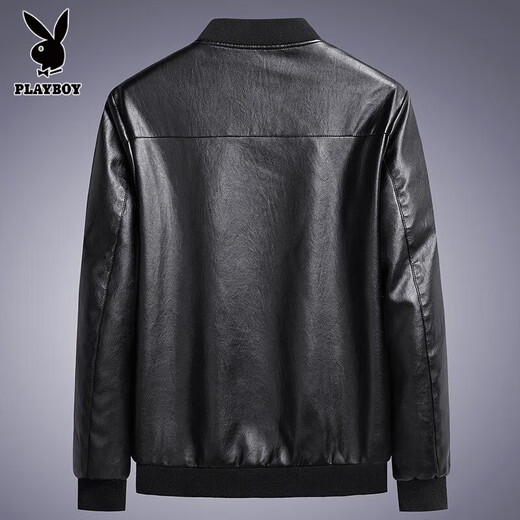 Playboy velvet leather men's jacket autumn and winter thickened soft leather jacket Haining style Korean version slim and warm casual thin style black without velvet XL 126-140Jin Jin equals 0.5 kg