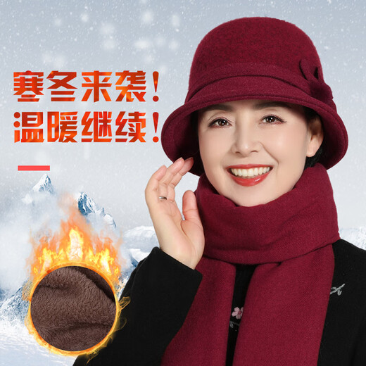 SAIXIMAN's new middle-aged and elderly women's winter hat plus velvet hat to keep warm, fashionable and versatile, 3163 camel color, velvet-free, adjustable (hat + scarf + gloves)