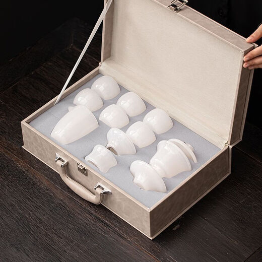 Jian Yang Bingzhong Glaze Tea Set Home High-end White Jade Kung Fu Covered Bowl Tea Cup Heat-Resistant Anti-scalding Chinese Office Tea Set 10 Pieces/Tea Strainer Set/Tea Tray