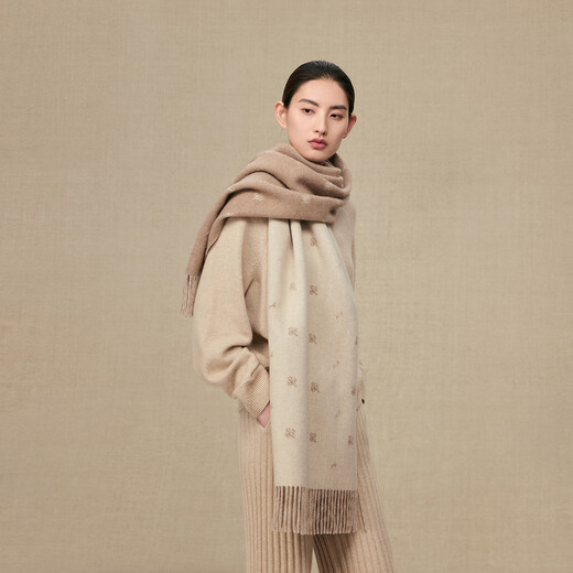 Ordos 1980 cashmere double layer light fleece logo jacquard women's shuttle cashmere scarf 25 autumn and winter new product dark raw velvet color 180cmX45cm