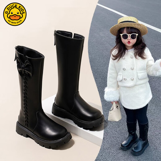G.duck Little Yellow Duck Girls' Boots Children's High Boots 2025 Long Boots Autumn and Winter New Style Girls' Plush Leather Boots Princess Style Black Single Shoes 27 Inner Length 16.8 cm