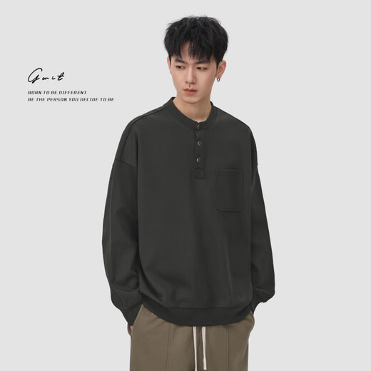 GWIT Henry collar silhouette American classic spring and autumn loose top bottoming shirt trendy long-sleeved thick cotton T-shirt for men soft black_BLACK M