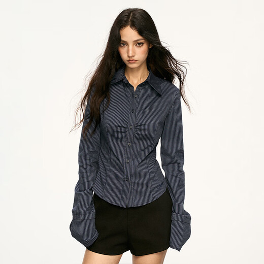 AAISUP American Striped Waist Long Sleeve Shirt Women's 2025 Spring and Autumn Design Hot Girl Slim Fit Bottoming Top Trendy Navy L