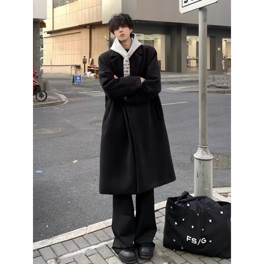 Shelley Jones Abrigo de lana negro de longitud media para hombre Otoño e invierno Nuevo cortavientos por encima de la rodilla de alta calidad Abrigo de lana atractivo estilo británico Negro Regular M Recomendado 80-100 Jin Jin es igual a 0,5 kg