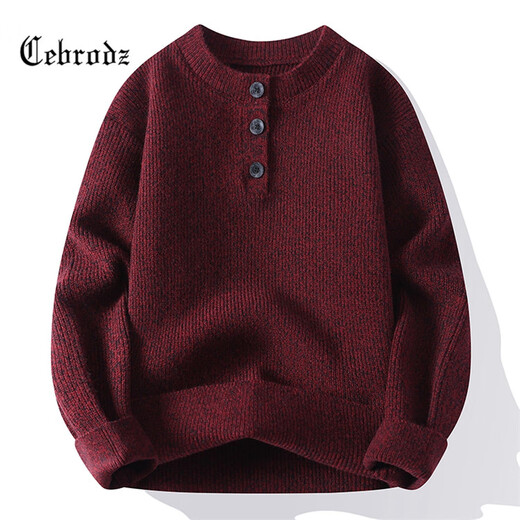 Cebrodz French sweater men's autumn and winter American retro Henry collar half-cardigan sweater warm tops sweater red 3XL
