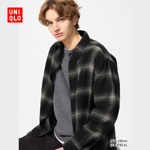 Uniqlo Herrenkleidung/Männer und Frauen gleiche Flanellplaidhemd/langärmeliges Hemd Cotton Casual Thin Jacket 480768 09 Schwarz L/175/100a